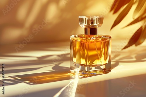 Glass Perfume Bottle With Golden Liquid In Sunlight