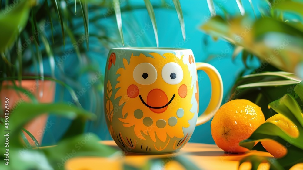 A whimsical ceramic mug featuring a quirky cartoon character, against a backdrop of vibrant sunshine yellow, adding a touch of fun and personality to your morning routine.
