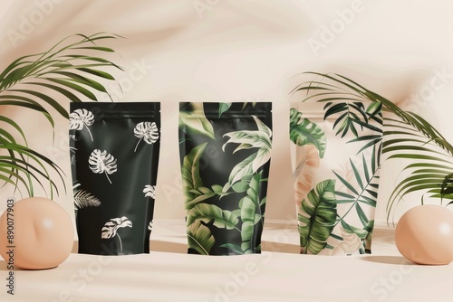 Three Tropical Leaf Patterned Packaging Bags on a Beige Surface