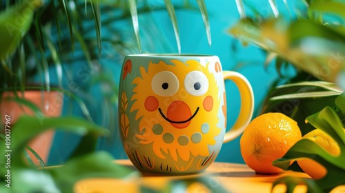 A whimsical ceramic mug featuring a quirky cartoon character, against a backdrop of vibrant sunshine yellow, adding a touch of fun and personality to your morning routine.