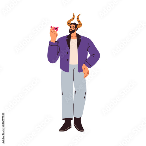 Horned male character, creepy Halloween dressing. Devil man with sweet candy playing Trick and Treat, October holiday game. Spooky person. Flat vector illustration isolated on white background