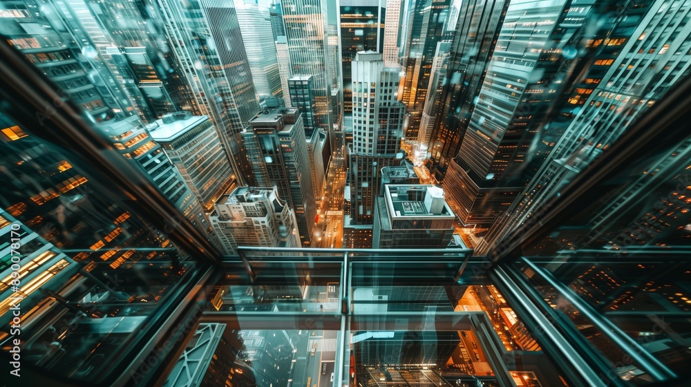 Glide up in a glass elevator, marveling at NYC's breathtaking skyscraper views! Glide up in a glass elevator, marveling at NYC's breathtaking skyscraper views!