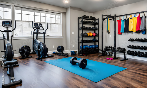 Home Gym Equipment And Workout Space With Exercise Machines And Weights