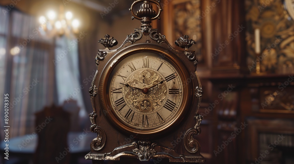 An antique clock ticking away the hours in an empty room, its ornate hands and chimes echoing the passage of time and stirring feelings of nostalgia for days gone by.