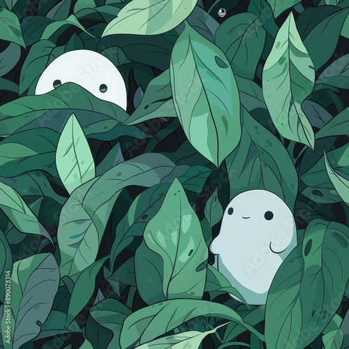 two cute ghosties in the leaves. Seamless pattern photo