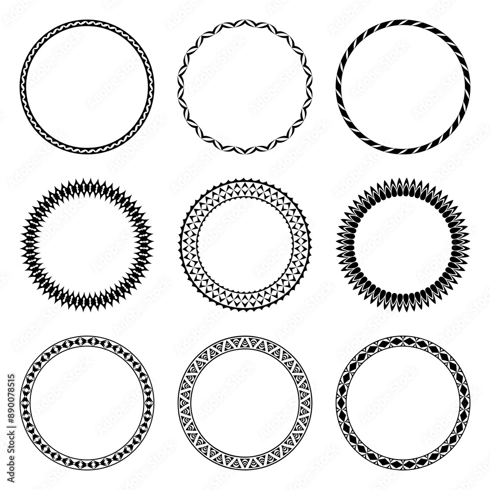 Vector collection of round black frames isolated on white background. Set of circles, simple geometric patterns. For the design of plates, vignettes, albums, greeting cards, printing on paper, textile Vector collection of round black frames isolated on white background. Set of circles, simple geometric patterns. For the design of plates, vignettes, albums, greeting cards, printing on paper, textile