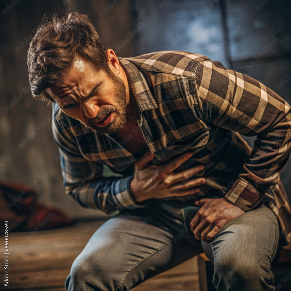 Obraz premium A realistic image of a man clutching his stomach in pain, showing discomfort and distress, likely due to gastritis or stomach issues, with a dark, moody background