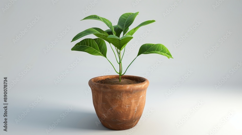 Obraz premium 3D illustration of a green plant growing in a clay pot. The plant has leaves on a stalk and is surrounded by a white background. The illustration is a representation of pottery, growth, and botany. 