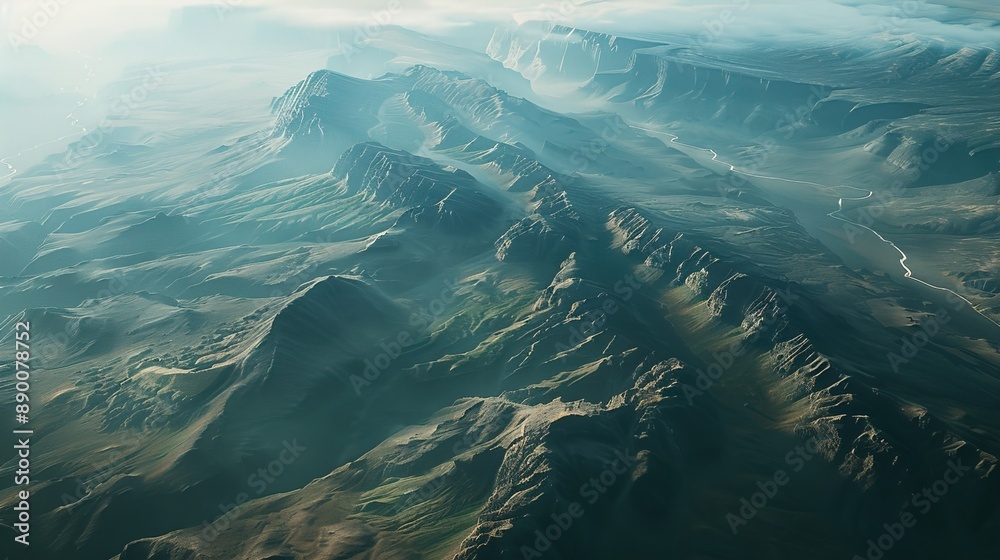 A aerial view of a mountain range, with the play of light and shadow creating abstract patterns and shapes that resemble a rugged landscape seen from above, capturing the timeless beauty