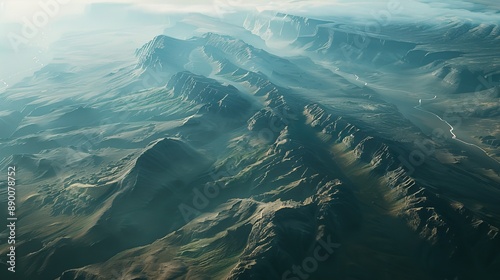 Obraz na płótnie A aerial view of a mountain range, with the play of light and shadow creating abstract patterns and shapes that resemble a rugged landscape seen from above, capturing the timeless beauty w salonie