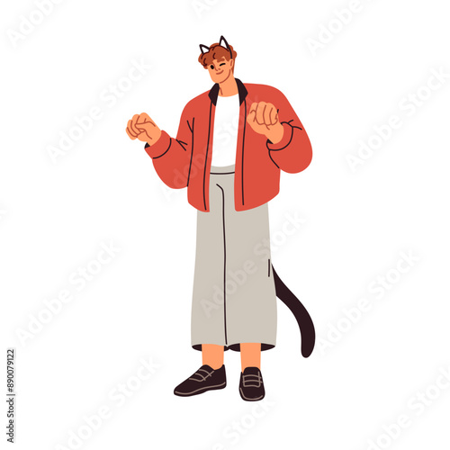 Halloween character. Cute feline costume. Man wearing cat tail and ears, dres...