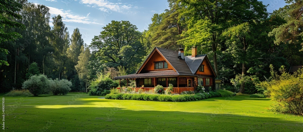 Charming Wooden Cabin Surrounded by Lush Greenery in a Serene Forest Setting on a Sunny Day Charming Wooden Cabin Surrounded by Lush Greenery in a Serene Forest Setting on a Sunny Day