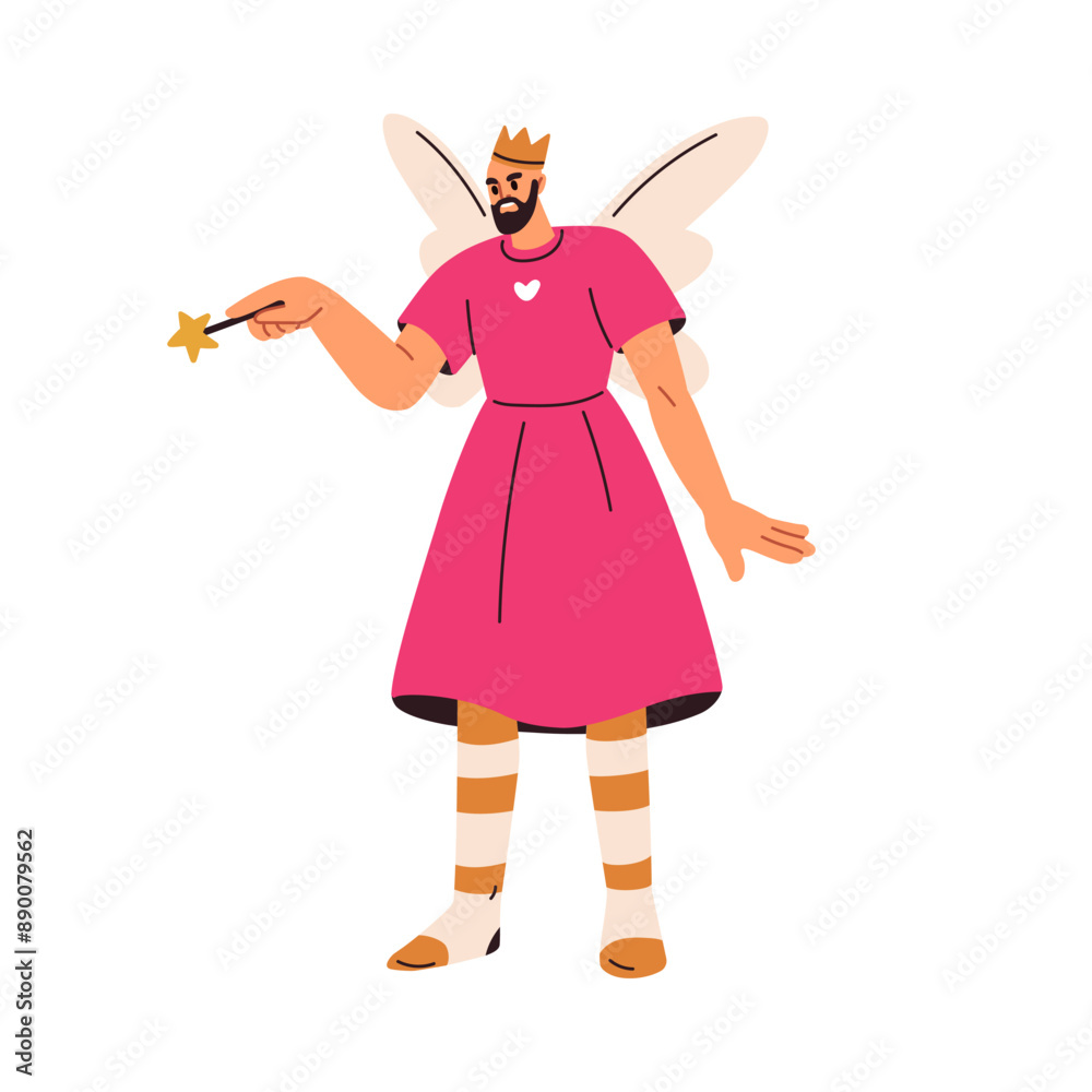 Man disguised in Tooth Fairy costume. Male princess character in funny Halloween dress with wings and magic wand. Creepy holiday magician. Flat vector illustration isolated on white background Man disguised in Tooth Fairy costume. Male princess character in funny Halloween dress with wings and magic wand. Creepy holiday magician. Flat vector illustration isolated on white background