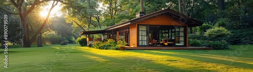 Modern Wooden House in a Serene Forest Setting with Sunlight Filtering Through Trees
