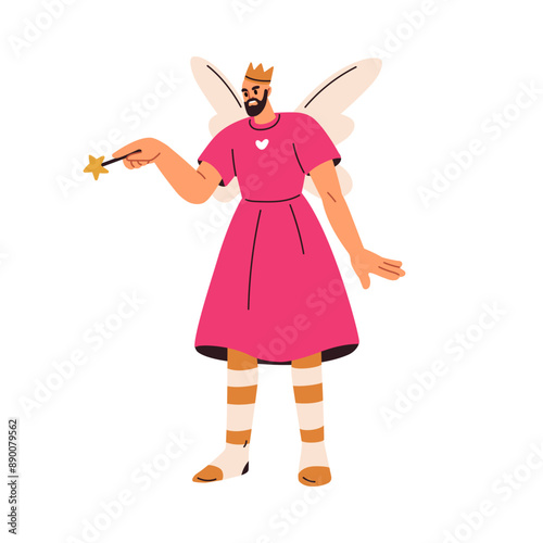 Man disguised in Tooth Fairy costume. Male princess character in funny Halloween dress with wings and magic wand. Creepy holiday magician. Flat vector illustration isolated on white background