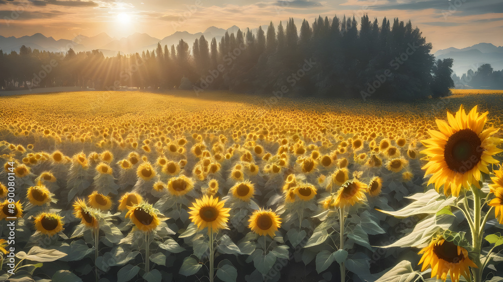 Obraz premium Sunflower field background with a sunny glow