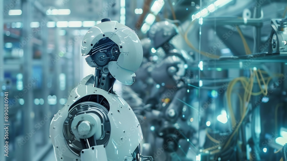 A Futuristic Robot in a High-Tech Facility A Futuristic Robot in a High-Tech Facility