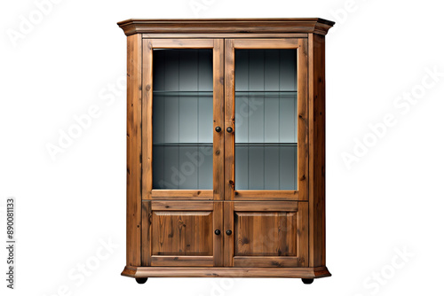 A Rustic Corner Cabinet With Glass Doors and Wooden Accents on a Clear PNG or White Background.