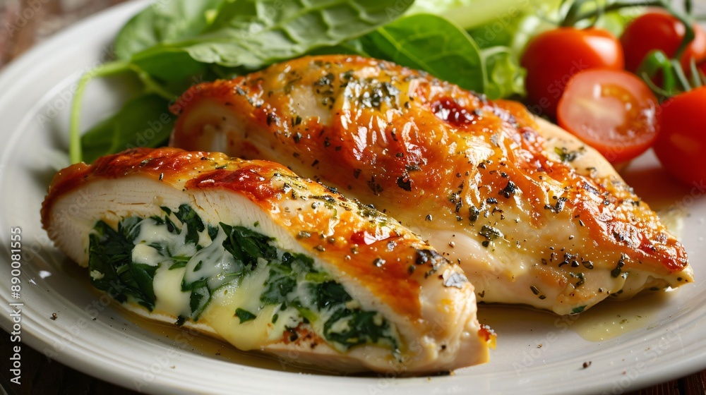 A chicken fillet stuffed with spinach and cheese, baked until golden and served with a side salad A chicken fillet stuffed with spinach and cheese, baked until golden and served with a side salad