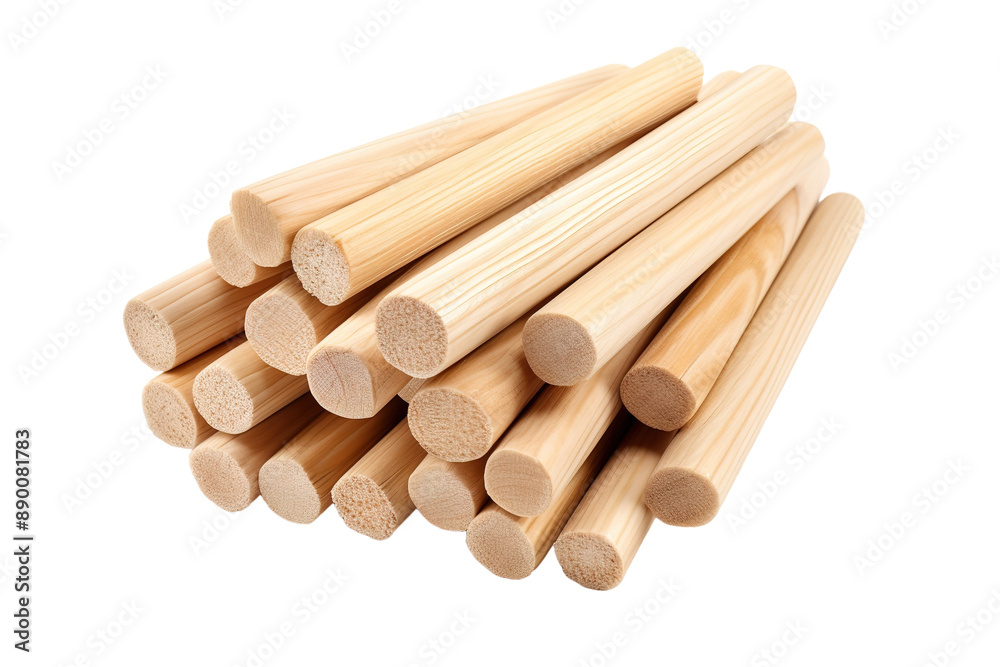 A Pile of Smooth, Unfinished Wooden Dowels Resting on a White Background on a Clear PNG or White Background. A Pile of Smooth, Unfinished Wooden Dowels Resting on a White Background on a Clear PNG or White Background.