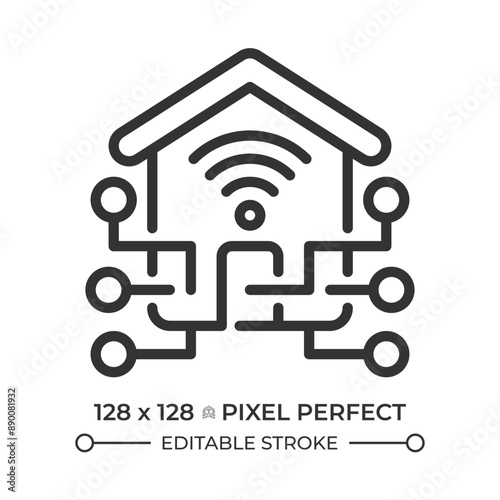 Smart home pixel perfect linear icon. Automation system, intelligent control. Household organization, electronics. Thin line illustration. Contour symbol. Vector outline drawing. Editable stroke