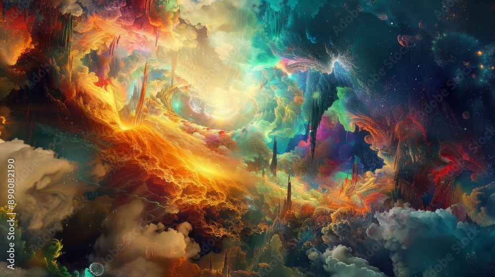 Vibrant Abstract Cosmic Landscape with Colorful Clouds and Celestial Elements in a Dreamlike Fantasy Scene Vibrant Abstract Cosmic Landscape with Colorful Clouds and Celestial Elements in a Dreamlike Fantasy Scene
