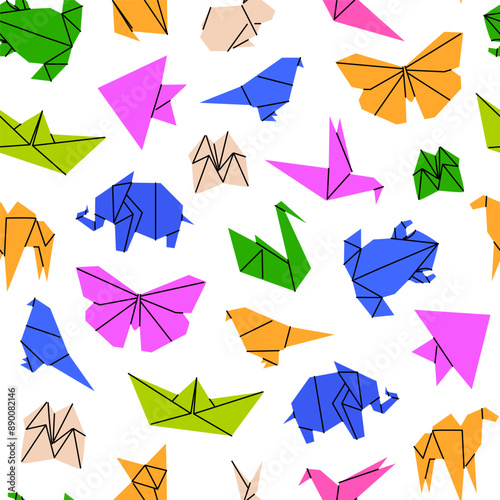 Pattern with animal figures made using the origami technique. Children's creativity and development of imagination. Japanese paper art. Vector illustration isolated on transparent background.