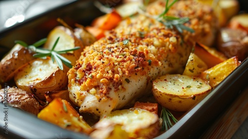 A dish of baked chicken fillet covered in a golden, crispy crust, served with roasted vegetables