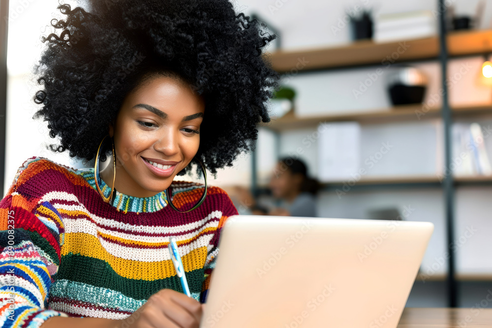 Black woman enjoying content on tablet Black woman enjoying content on tablet