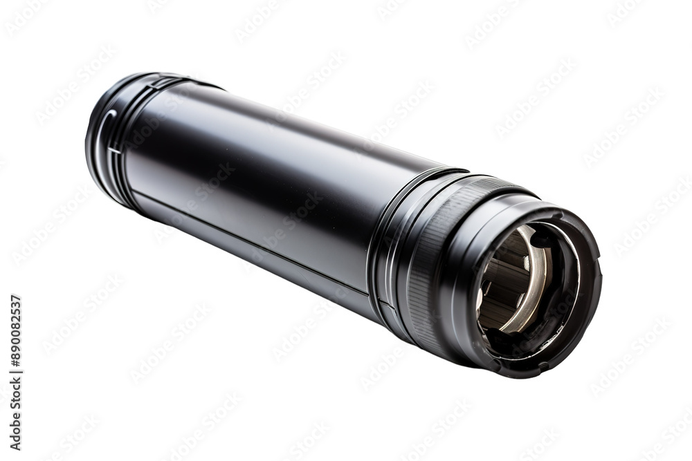 A Sleek Black Cylinder With a Silver Interior, Isolated on White on a Clear PNG or White Background. A Sleek Black Cylinder With a Silver Interior, Isolated on White on a Clear PNG or White Background.