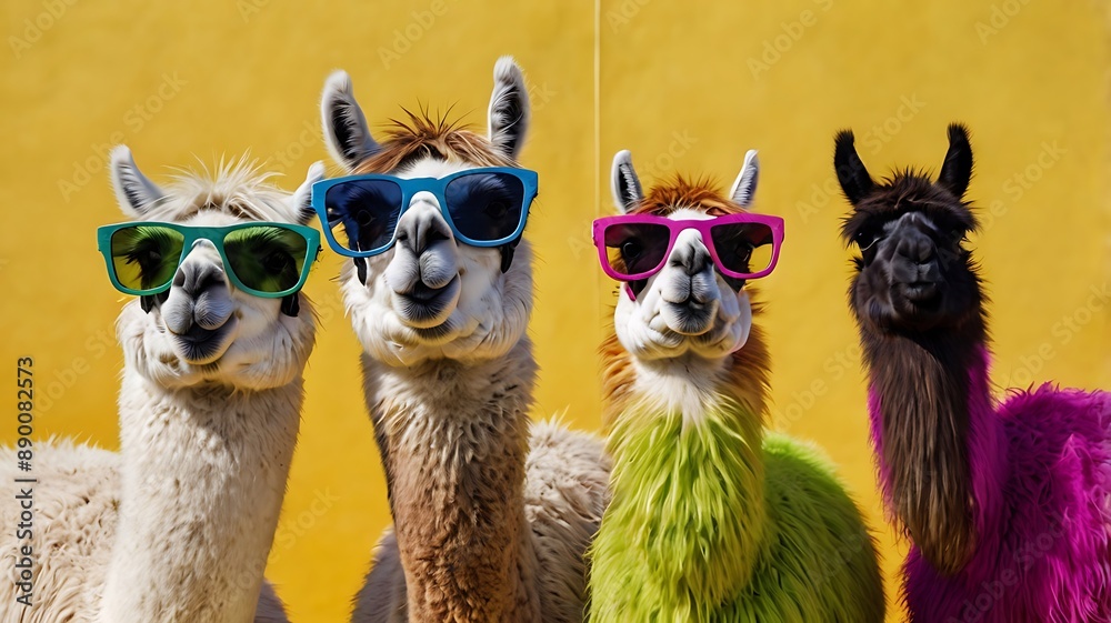 Fototapeta premium Creative animal concept. Group of camel friends in sunglass shade glasses isolated on solid bright background, commercial, editorial advertisement, copy text space