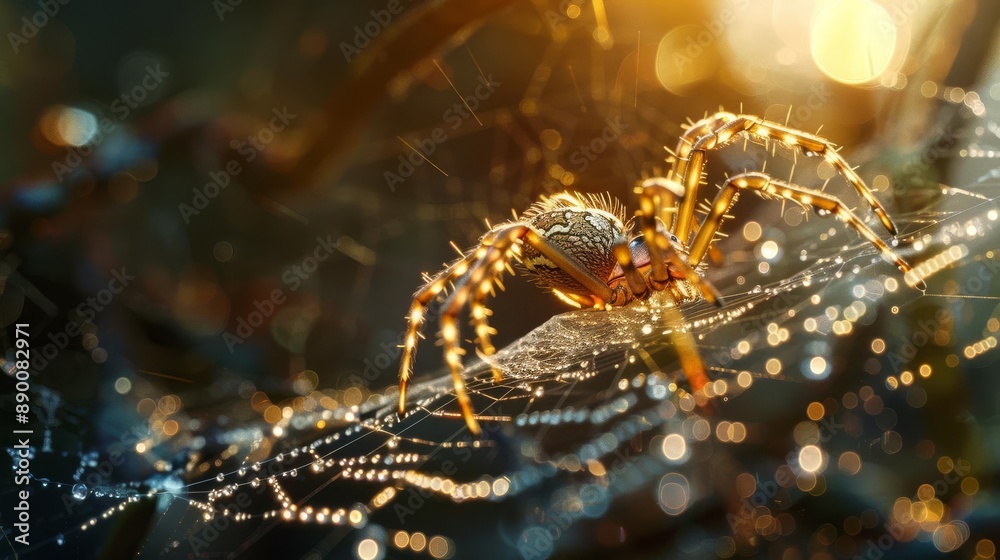 A close-up view of a spider on a glistening web in the midst of nature, illuminated by sunlight in a beautiful forest setting. A close-up view of a spider on a glistening web in the midst of nature, illuminated by sunlight in a beautiful forest setting.