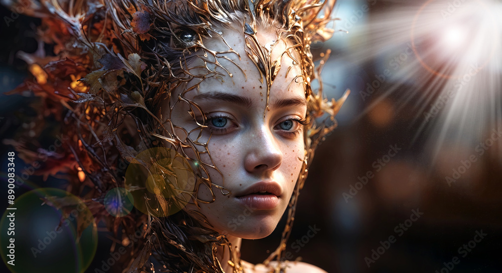 A woman with a gold and leafy headdress is standing in front of a bright sun A woman with a gold and leafy headdress is standing in front of a bright sun