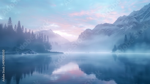 A serene and super realistic image of a mountain lake at dawn with mist rising from the water,