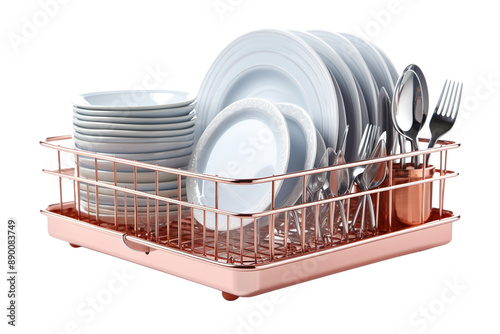 Rose Gold Dish Drying Rack Filled With Clean Plates and Utensils on a Clear PNG or White Background.