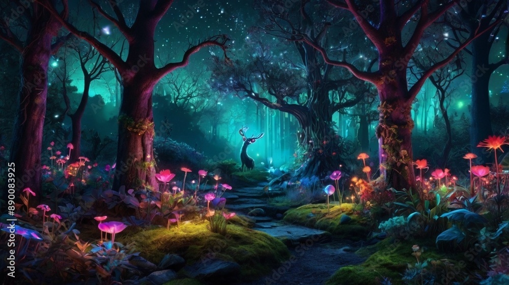 Enchanted Forest: Neon Glow Under a Starry Night Enchanted Forest: Neon Glow Under a Starry Night