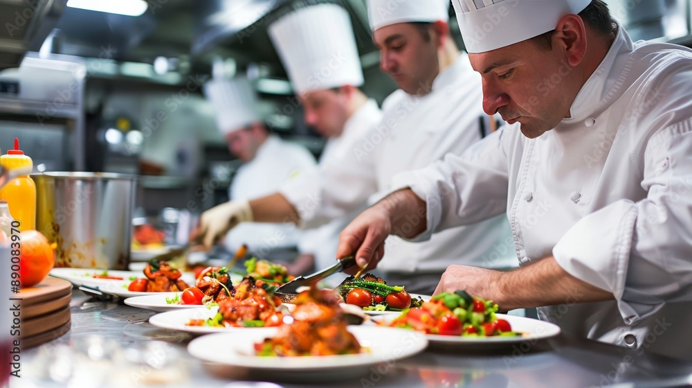 Professional Chefs Preparing Gourmet Dishes in a Busy Restaurant Kitchen with Focused Precision Professional Chefs Preparing Gourmet Dishes in a Busy Restaurant Kitchen with Focused Precision