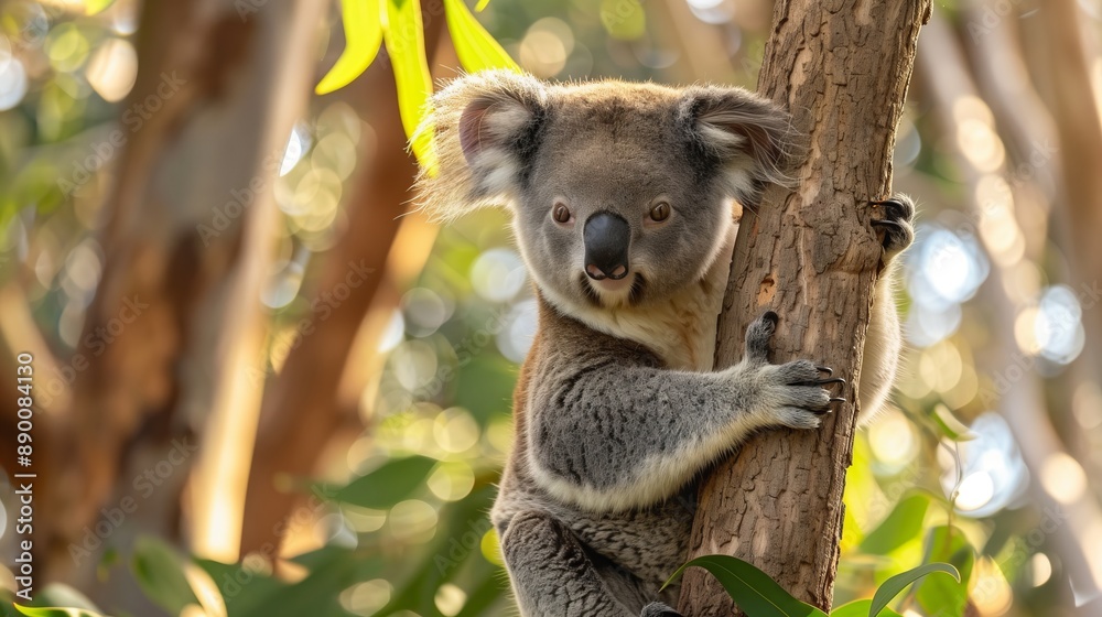 Naklejka premium A koala clings to a eucalyptus branch, hidden among the lush green foliage of its natural habitat.