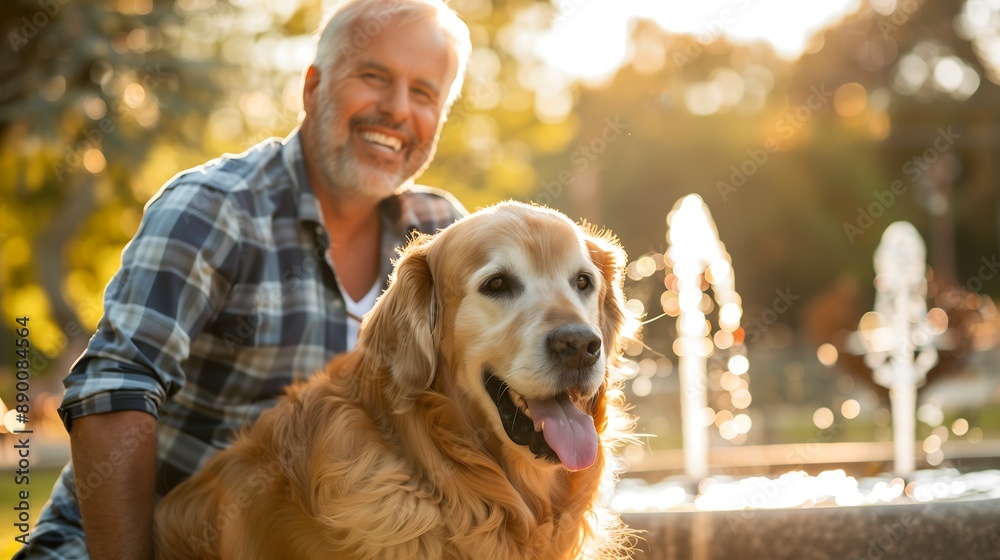 Man and his golden retriever enjoying a sunny day in the park Man and his golden retriever enjoying a sunny day in the park