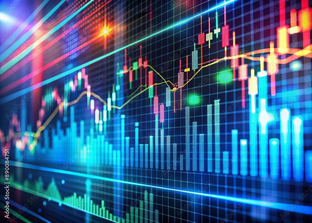 Vibrant digital screen displays a dynamic stock market chart with fluctuating lines and bars, showcasing complex financial data trends and market performance analysis. Vibrant digital screen displays a dynamic stock market chart with fluctuating lines and bars, showcasing complex financial data trends and market performance analysis.