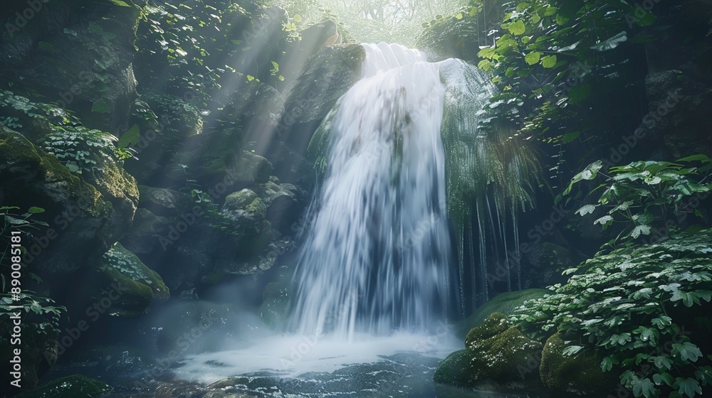 A mystical waterfall hidden deep within the woods, captured with long exposure to create a silky veil of water cascading down the rocky cliffs, surrounded by lush greenery. A mystical waterfall hidden deep within the woods, captured with long exposure to create a silky veil of water cascading down the rocky cliffs, surrounded by lush greenery.