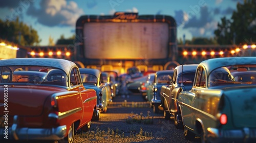 A nostalgic drive-in movie theater with rows of vintage cars parked in front of a large outdoor screen, illuminated by the glow of flickering movie reels and popcorn vendors. photo