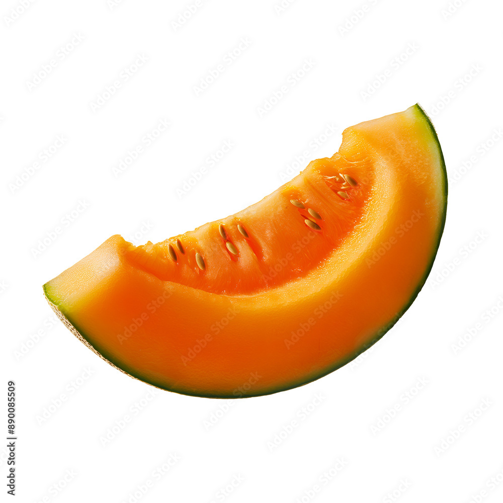 A view of a piece of fresh and fragrant orange melon on a white empty transparent background. A view of a piece of fresh and fragrant orange melon on a white empty transparent background.