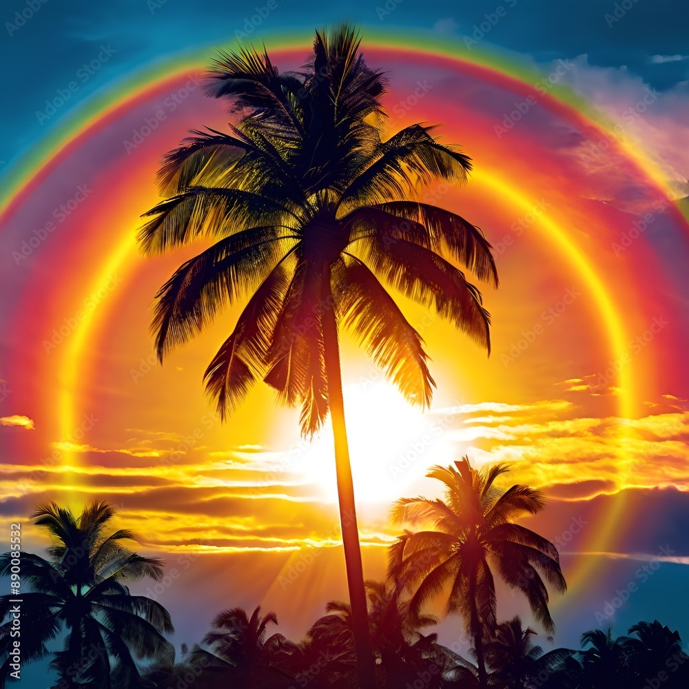 Fototapeta premium A single palm tree silhouetted against a colorful sunset stands on a tropical beach. The sky is ablaze with orange, pink, and purple hues, and the calm ocean reflects the vibrant colors.