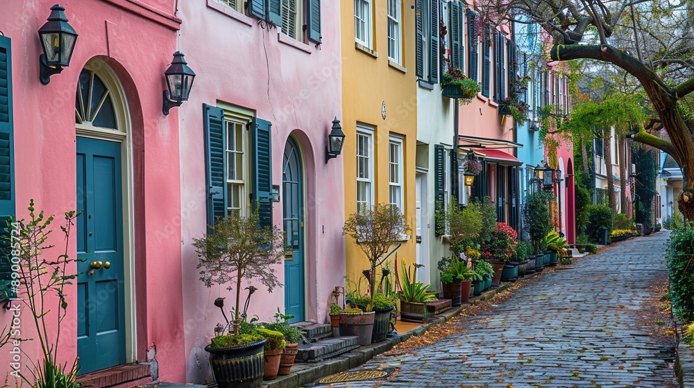 Fototapeta premium A quiet residential street lined with rows of colorful townhouses, their doors and windows adorned with potted plants and decorative shutters.