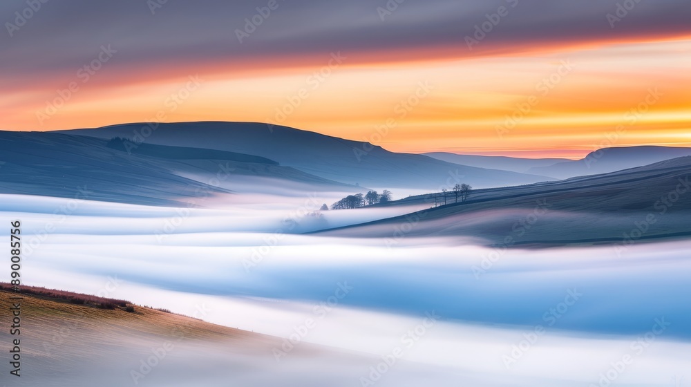 Sunrise over a misty valley, the rolling fog creating a textured effect against the vivid colors of the sky Sunrise over a misty valley, the rolling fog creating a textured effect against the vivid colors of the sky