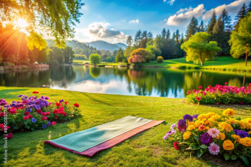 Φωτογραφία Serene park landscape with vibrant green grass, colorful flowers, and a serene lake background, set for a peaceful outdoor yoga session