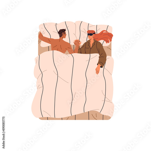 People have a rest in bed together top view. Couple holds hands during nap. Girl in night mask, pajama sleeps on pillow. Asleep woman and man under blanket. Flat isolated vector illustration on white