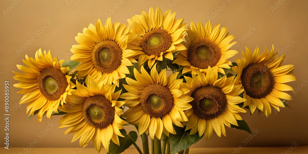 A row of bright, fully bloomed sunflowers against a matching light background, highlighting the beauty and vibrancy of these iconic summer flowers. A row of bright, fully bloomed sunflowers against a matching light background, highlighting the beauty and vibrancy of these iconic summer flowers.