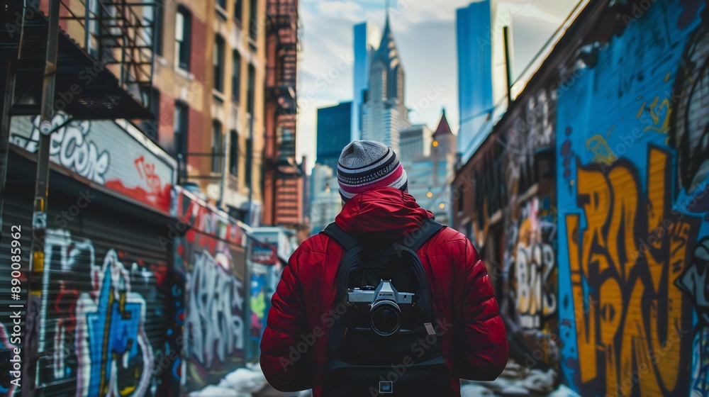 Fototapeta premium A photographer exploring an urban environment, capturing street art and architecture 